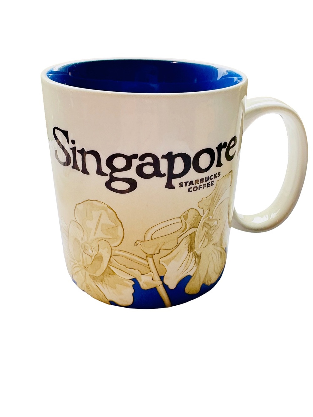 Starbucks Singapore Collectors Mug, White Mug with Blue Interior & Floral Accent